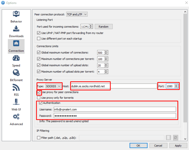 Enter NordVPN account details to Authentication box