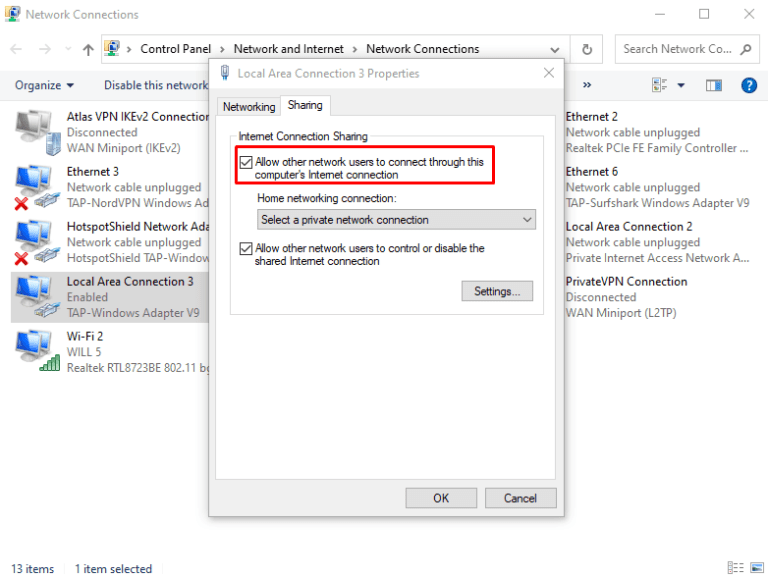 network connections internet connection sharing