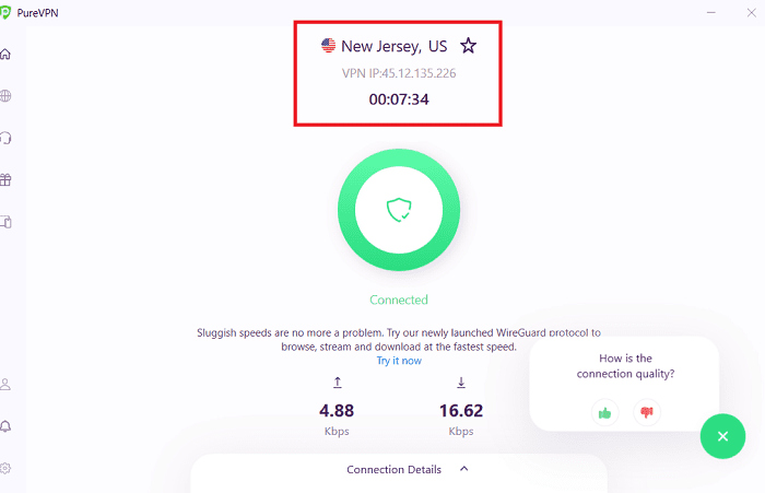 purevpn connected to new jersey, us server