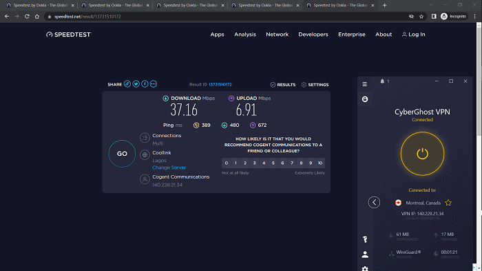 cyberghost speed test result using canada server