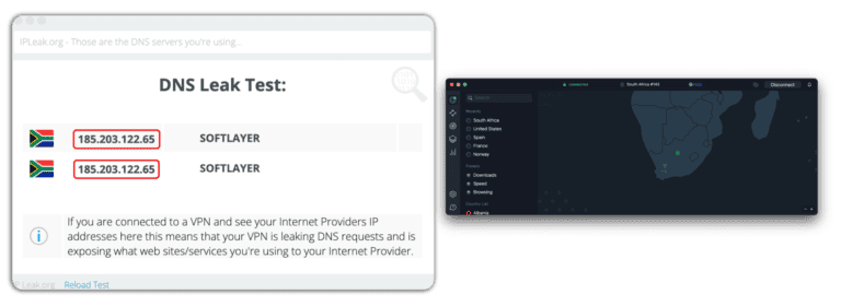 nordvpn dns leak test results on south africa server