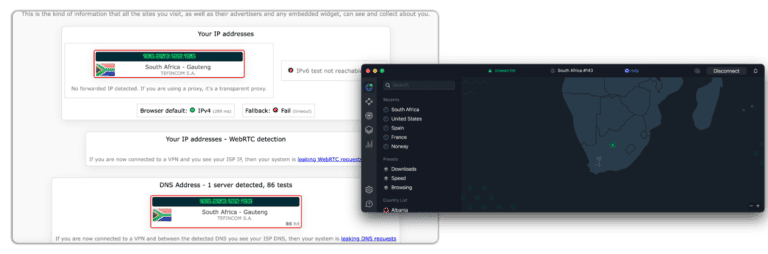 nordvpn ip leak test results on south africa server