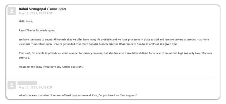 tunnelbear customer support via email