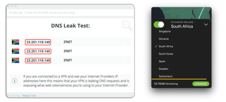 tunnelbear dns leak test results on south africa server