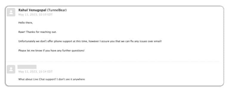 tunnelbear email on live chat support