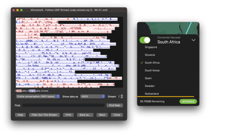 tunnelbear wireshark test results on south africa server