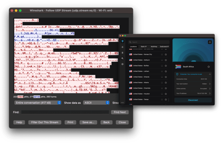 surfshark wireshark encryption test results on south africa server