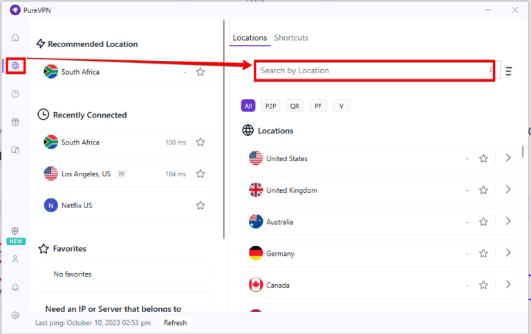 purevpn location search bar