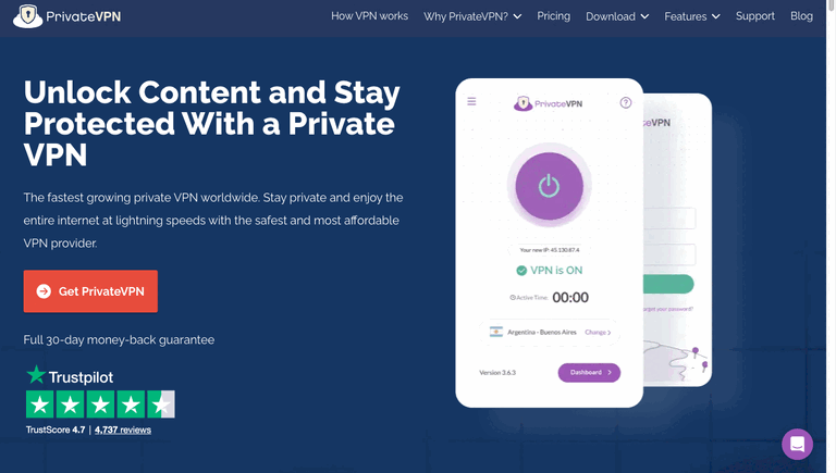 PrivateVPN homepage