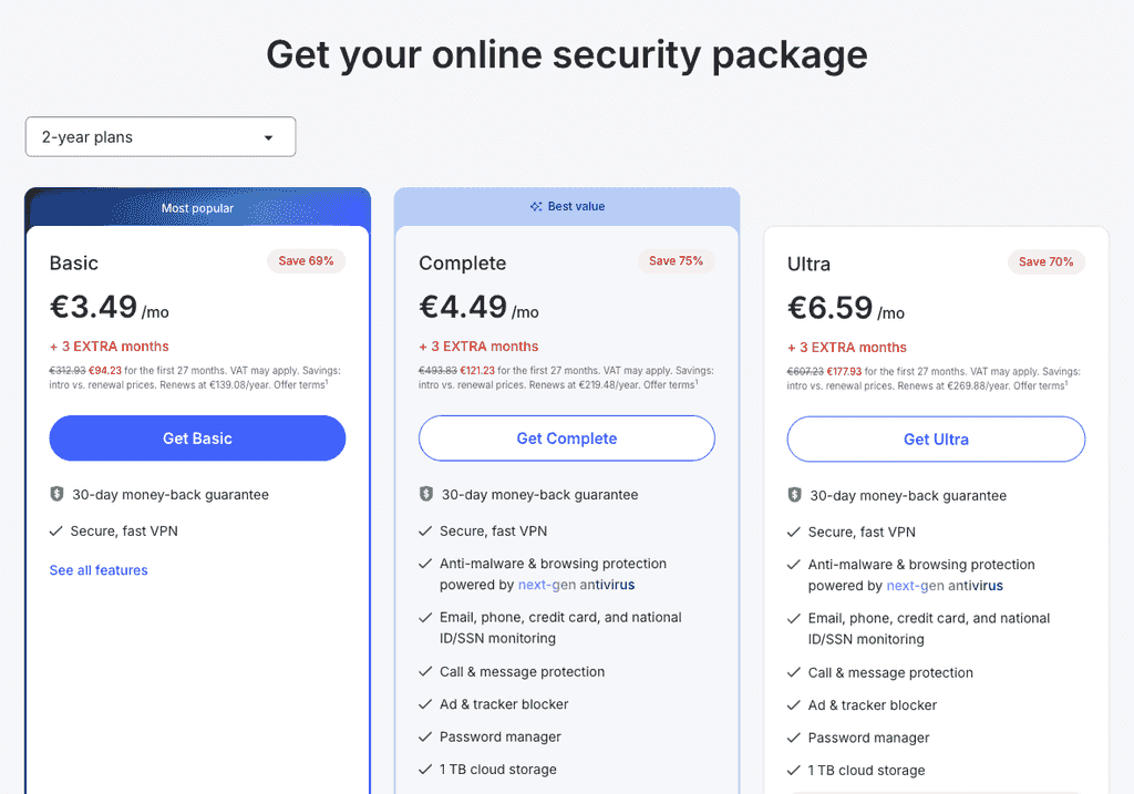 NordVPN’s 2-year plan selector with Basic, Complete and Ultra cards