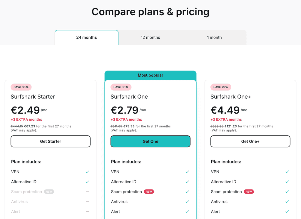 Surfshark Starter, One and One+ 2-year plans, each with 3 extra months