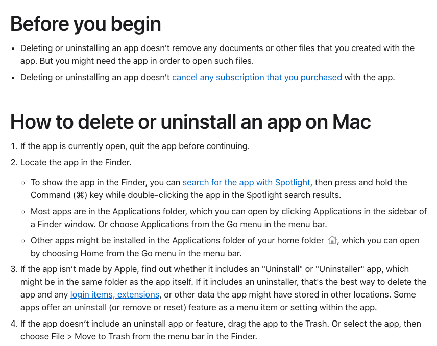 Apple Support: Delete or uninstall apps on Mac, noting that deleting an app doesn’t cancel subscriptions and that an uninstaller also removes login items and extensions