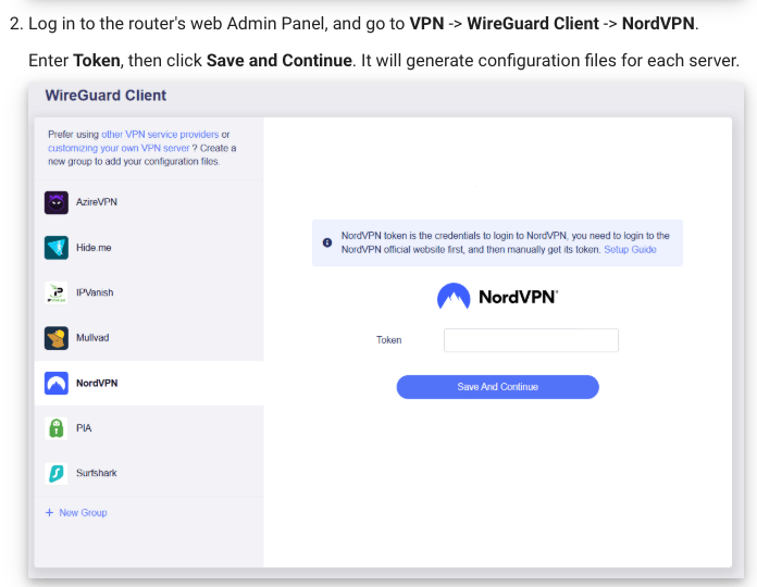 GL.iNet router WireGuard Client page with NordVPN selected and a Token field