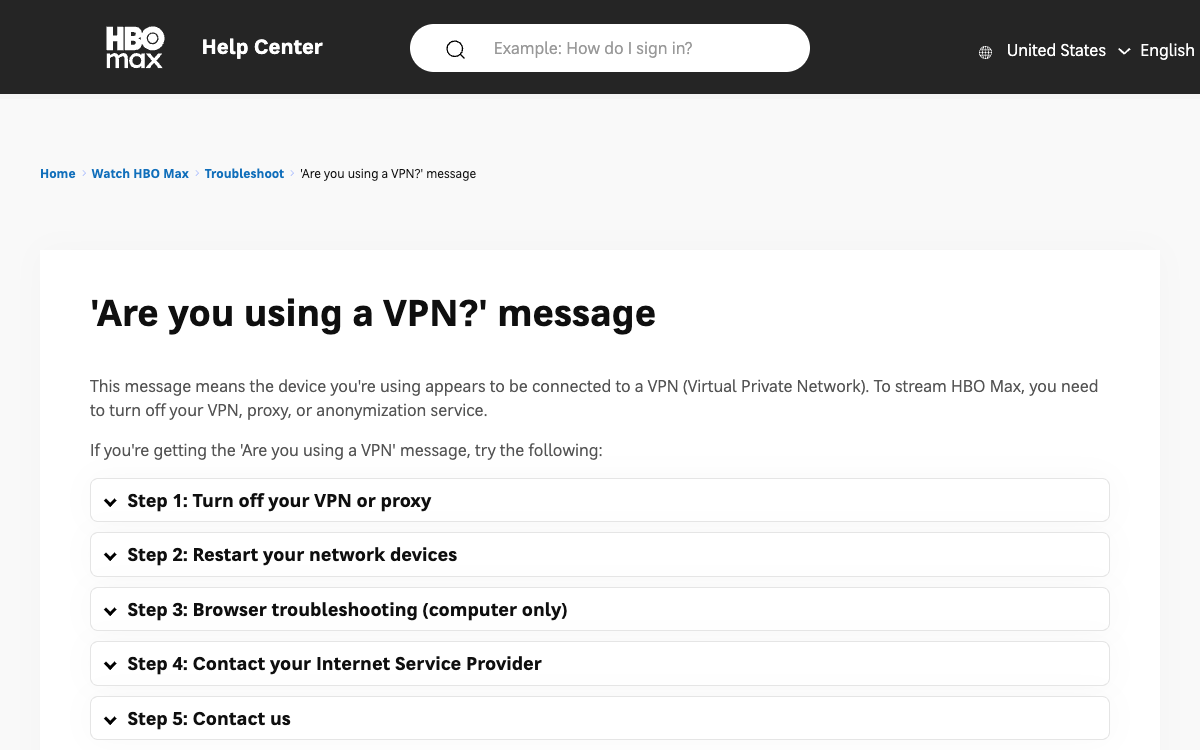 HBO Max help page: “Are you using a VPN?” message