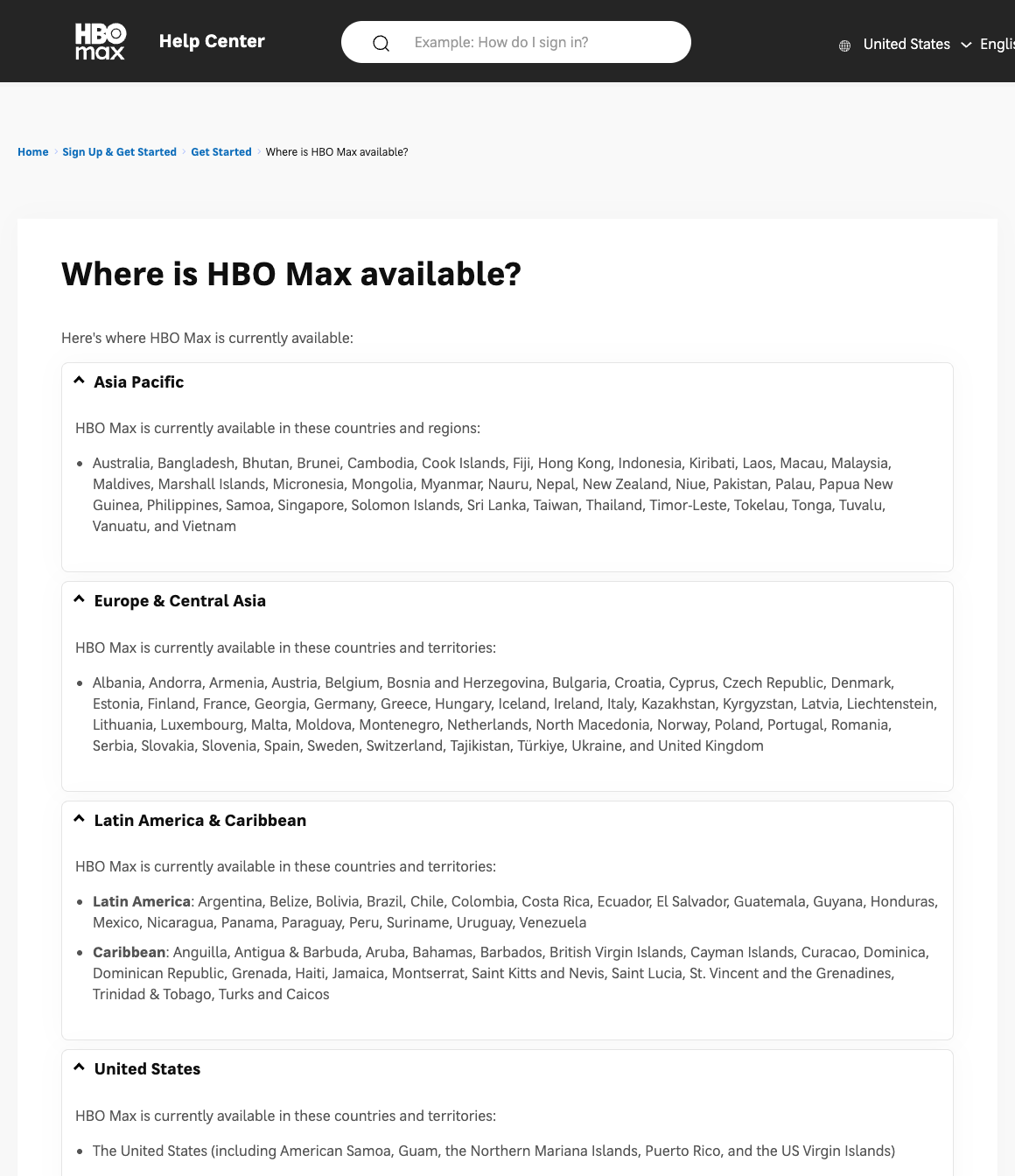 HBO Max help page listing the countries where HBO Max is available