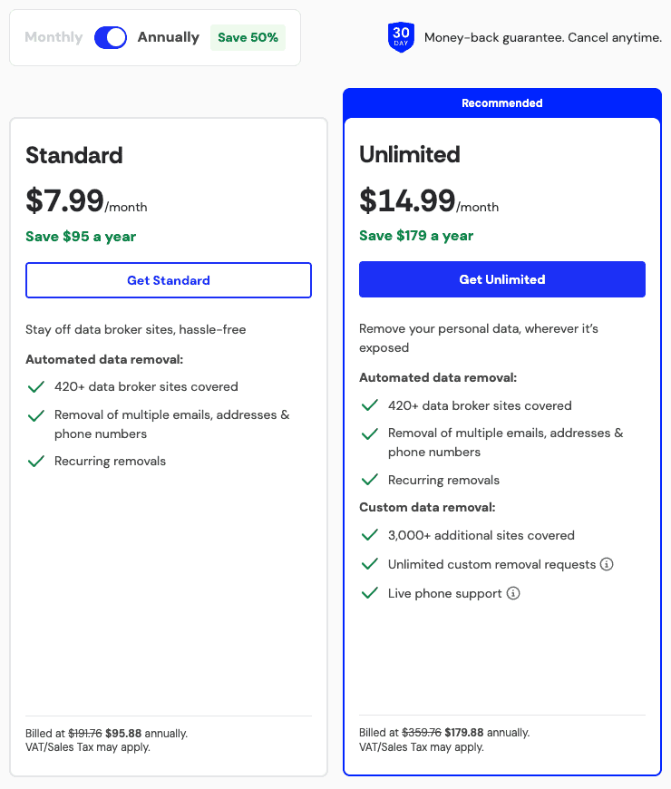 Incogni pricing page: Standard $7.99 a month and Unlimited $14.99 a month, billed yearly