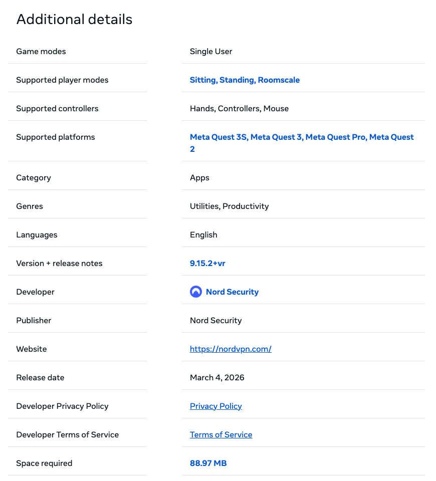 Meta Horizon Store details for NordVPN: supported platforms Meta Quest 3S, 3, Pro and 2, version 9.15.2+vr, release date March 4, 2026, 88.97 MB