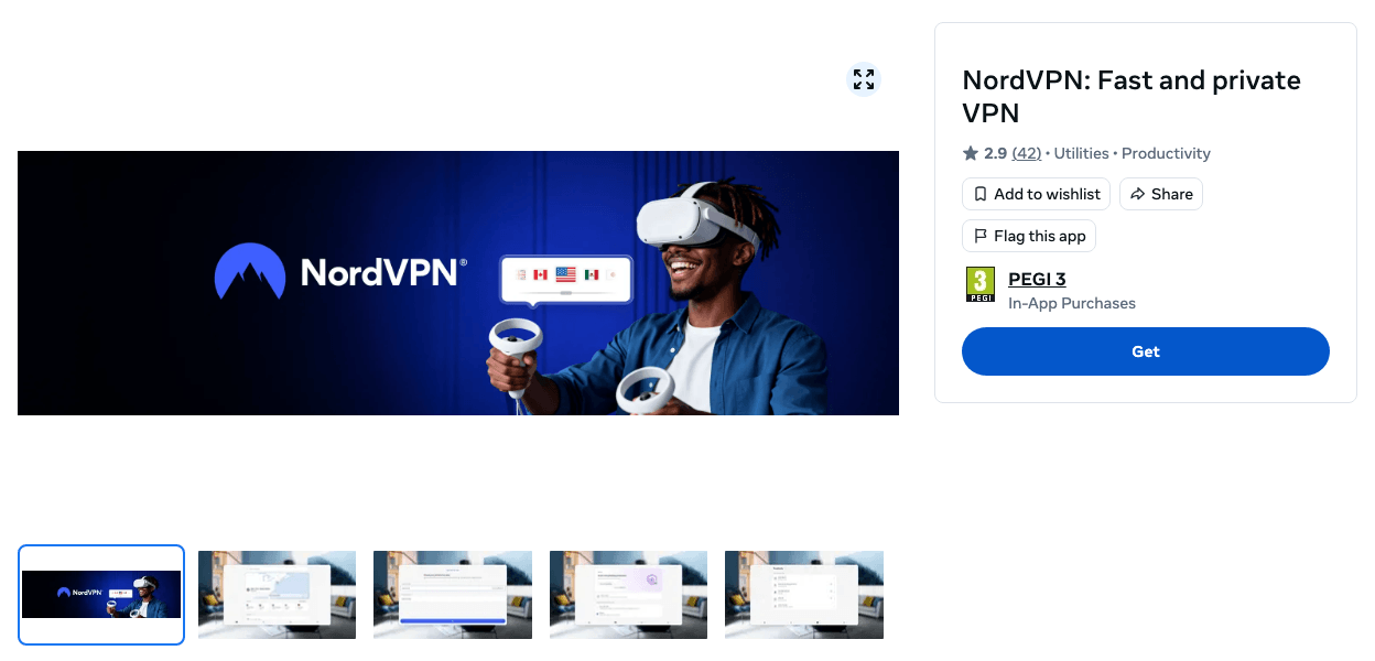 NordVPN: Fast and private VPN in the Meta Horizon Store, rated 2.9 from 42 ratings, PEGI 3, with a Get button
