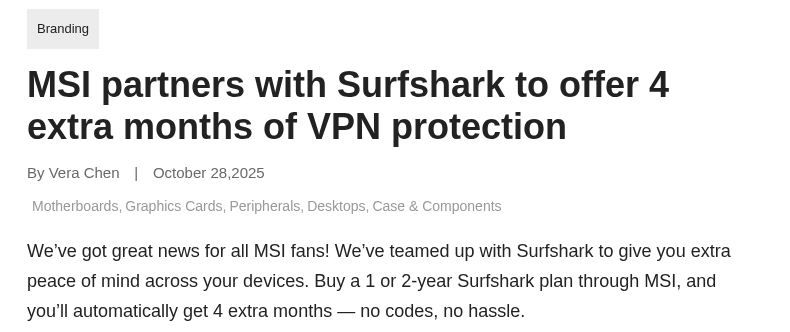 MSI’s blog post announcing 4 extra months of Surfshark VPN for MSI fans