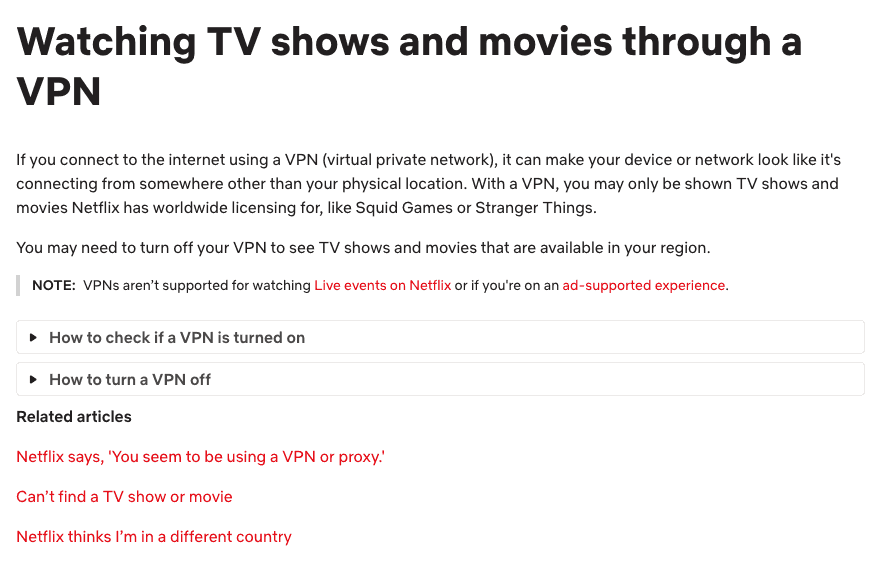 Netflix help page: Watching TV shows and movies through a VPN