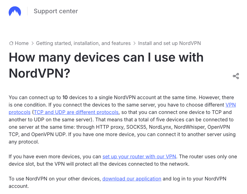 NordVPN help article: you can connect up to 10 devices to a single NordVPN account at the same time