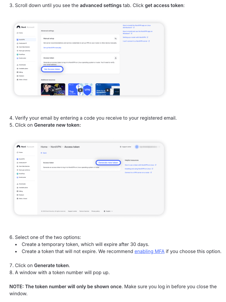 NordVPN help article showing Get access token and Generate new token in Nord Account, with the 30-day and non-expiring options