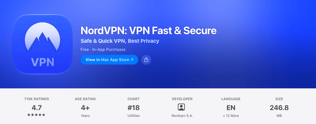 NordVPN: VPN Fast & Secure on the US App Store, rated 4.7 from 710K ratings, developer Nordvpn S.A.