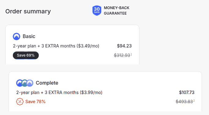 NordVPN’s US checkout: 2-year Basic for $94.23 (save 69%) and Complete for $107.73 (save 78%), each with 3 extra months