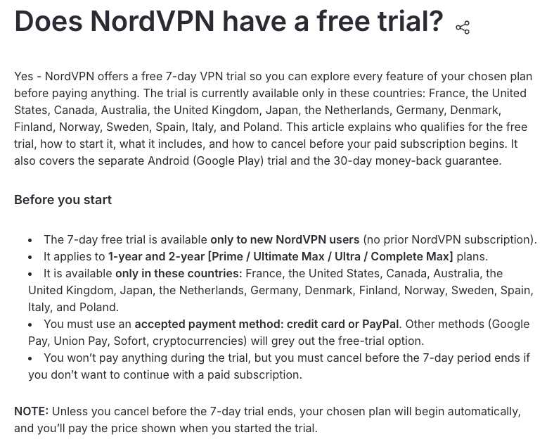 NordVPN help article: Does NordVPN have a free trial? A 7-day trial in 15 countries, including the United States, for new users paying by card or PayPal