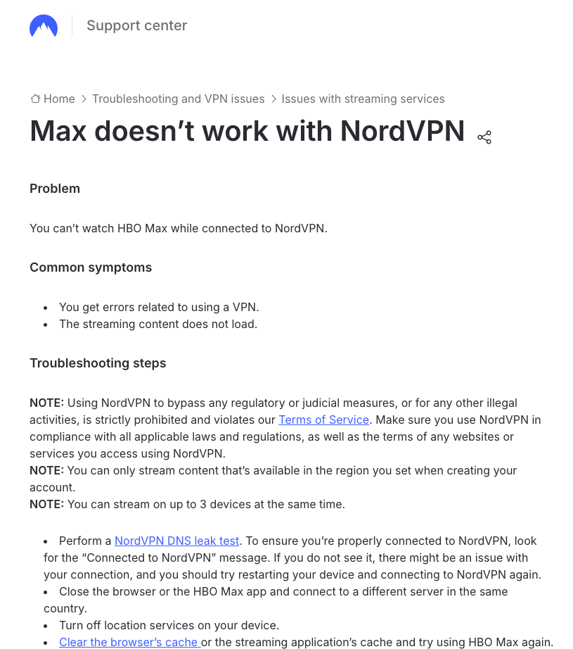 NordVPN support article: Max doesn’t work with NordVPN