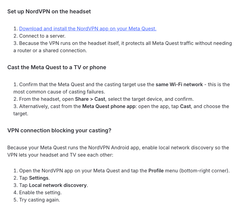 NordVPN help article: set up NordVPN on the headset, cast the Meta Quest, and enable Local network discovery