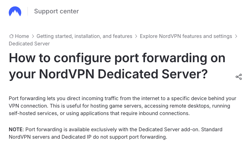 NordVPN help article: port forwarding is available exclusively with the Dedicated Server add-on