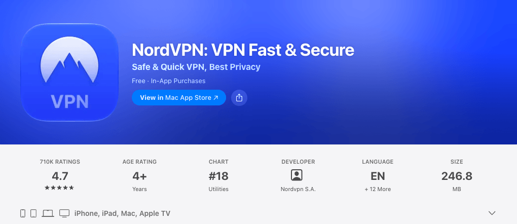 NordVPN app on the US App Store: 4.7 stars from 710K ratings, for iPhone, iPad, Mac and Apple TV