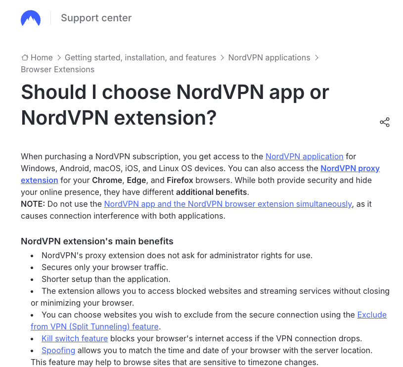 NordVPN help article: Should I choose NordVPN app or NordVPN extension?