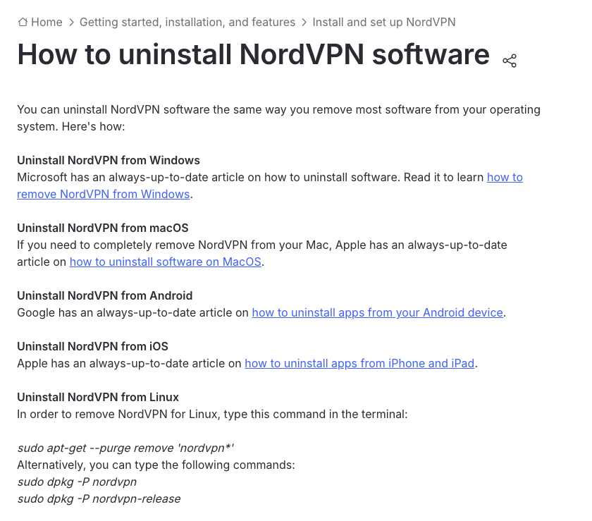NordVPN help article: How to uninstall NordVPN software on Windows, macOS, Android, iOS and Linux