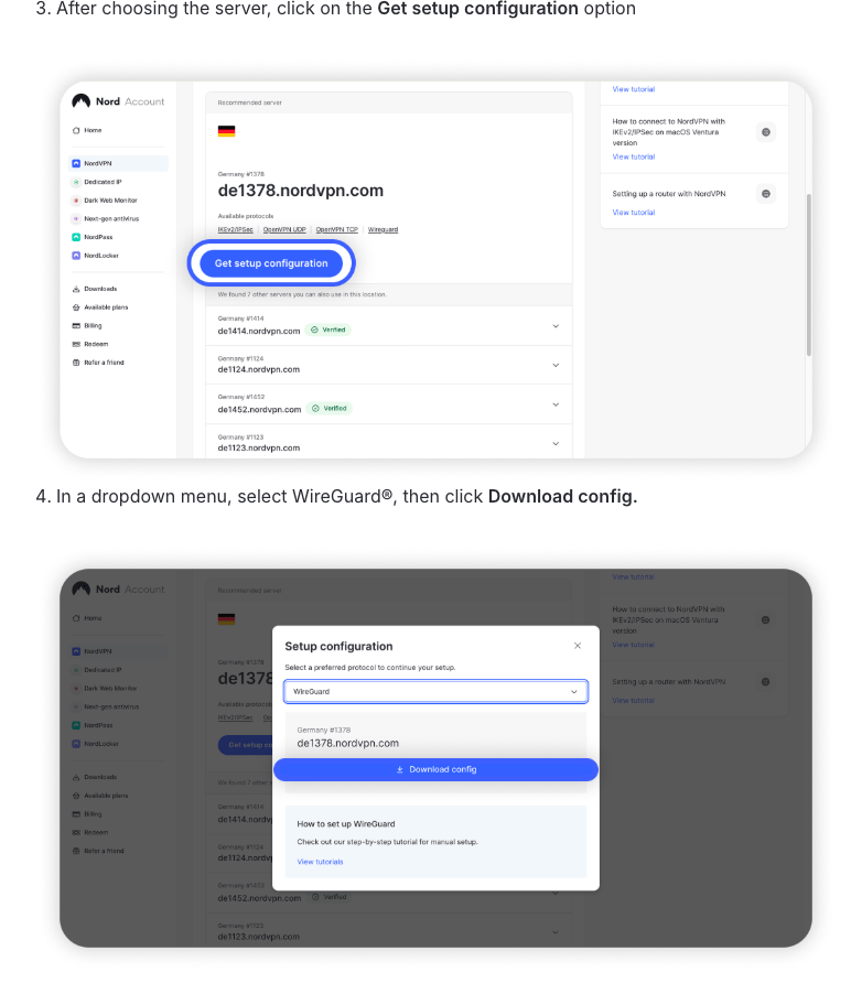 NordVPN help article showing the Get setup configuration button and the WireGuard Download config dialog in Nord Account
