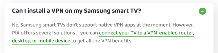 PIA FAQ: Samsung smart TVs don’t support native VPN apps at the moment