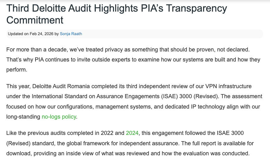 PIA blog post: Deloitte Audit Romania completed its third independent review of PIA’s VPN infrastructure