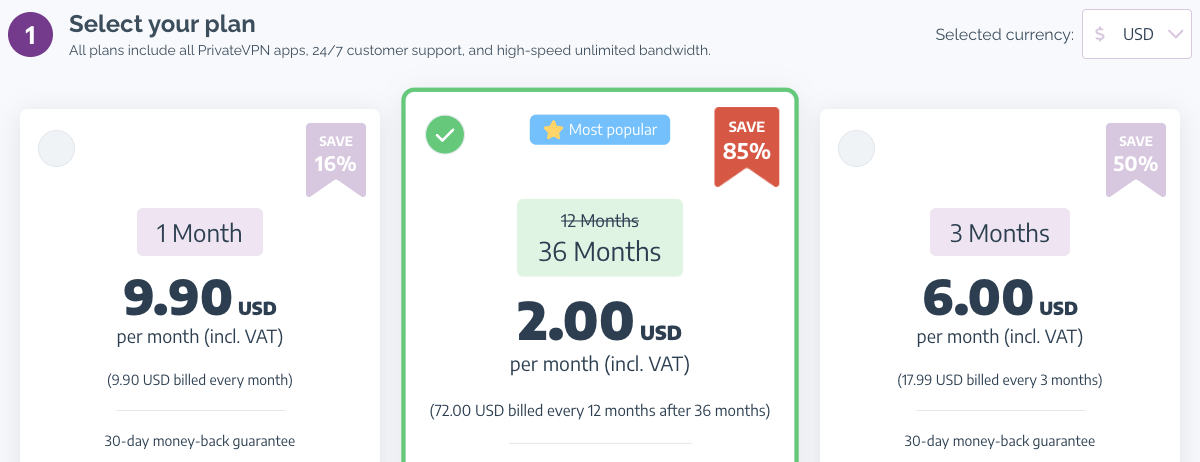 PrivateVPN plans in US dollars: 36 months for $2.00 a month, billed $72.00