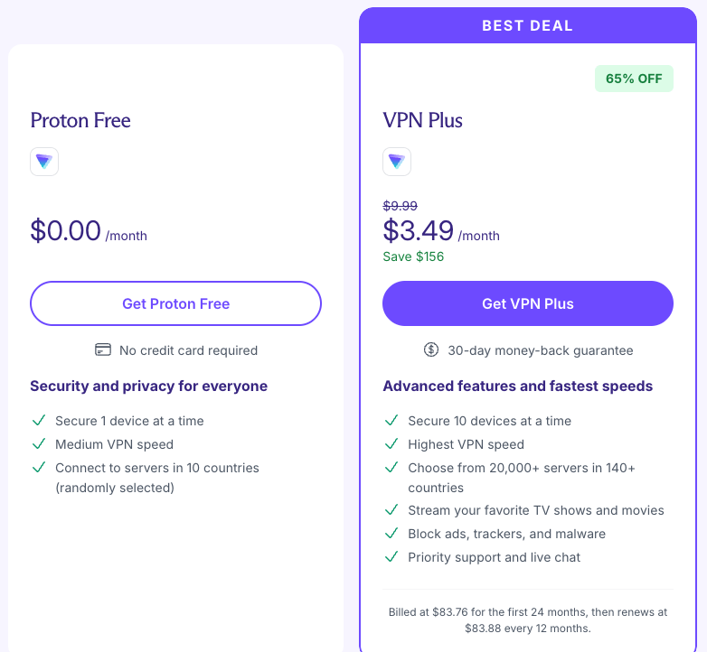 Proton VPN pricing: Proton Free at $0 and VPN Plus at $3.49 a month on the 2-year plan