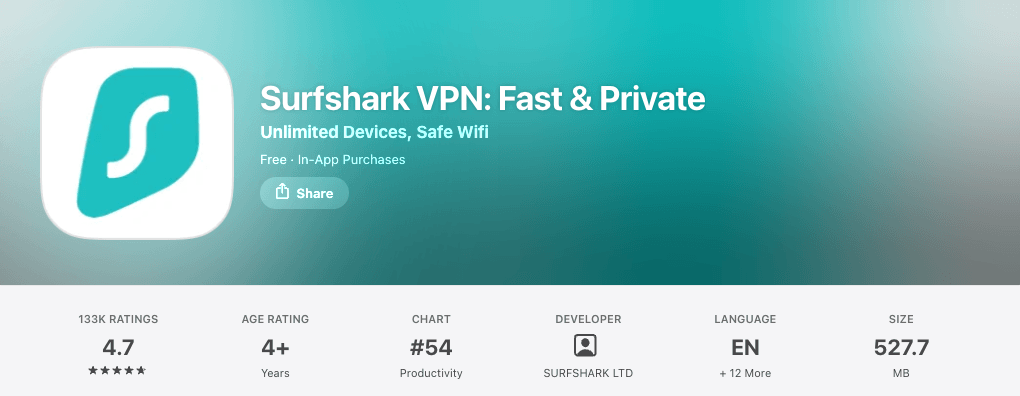 Surfshark VPN: Fast & Private on the US App Store, rated 4.7 from 133K ratings