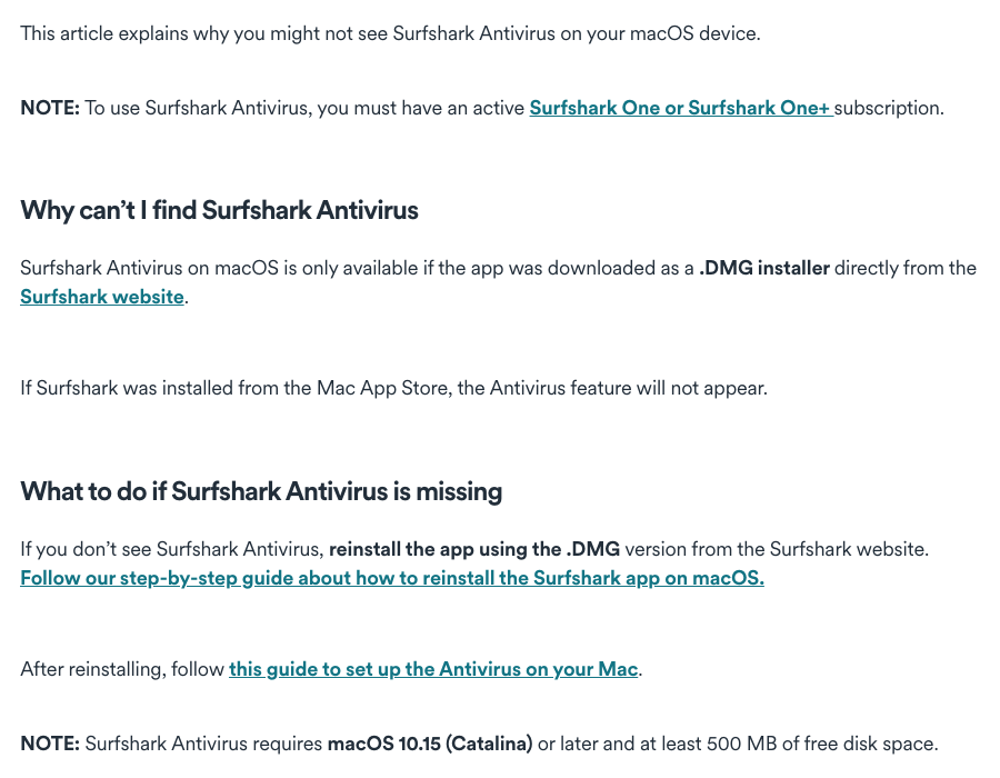 Surfshark help article saying Surfshark Antivirus on macOS is only available in the .DMG installer from Surfshark’s website