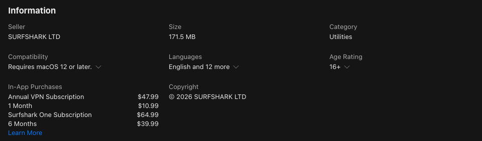 Information section of Surfshark’s Mac App Store listing: requires macOS 12 or later, in-app purchases from $10.99 a month and $47.99 a year