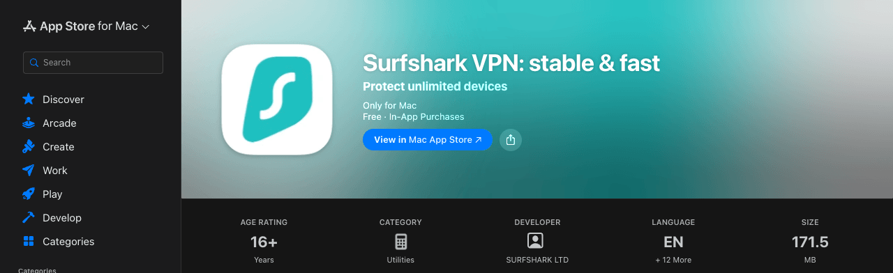 Surfshark VPN: stable & fast in the Mac App Store, free with in-app purchases, 171.5 MB, by SURFSHARK LTD