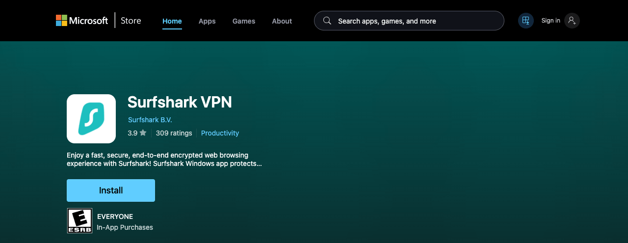Surfshark VPN in the Microsoft Store, published by Surfshark B.V. and rated 3.9 from 309 ratings
