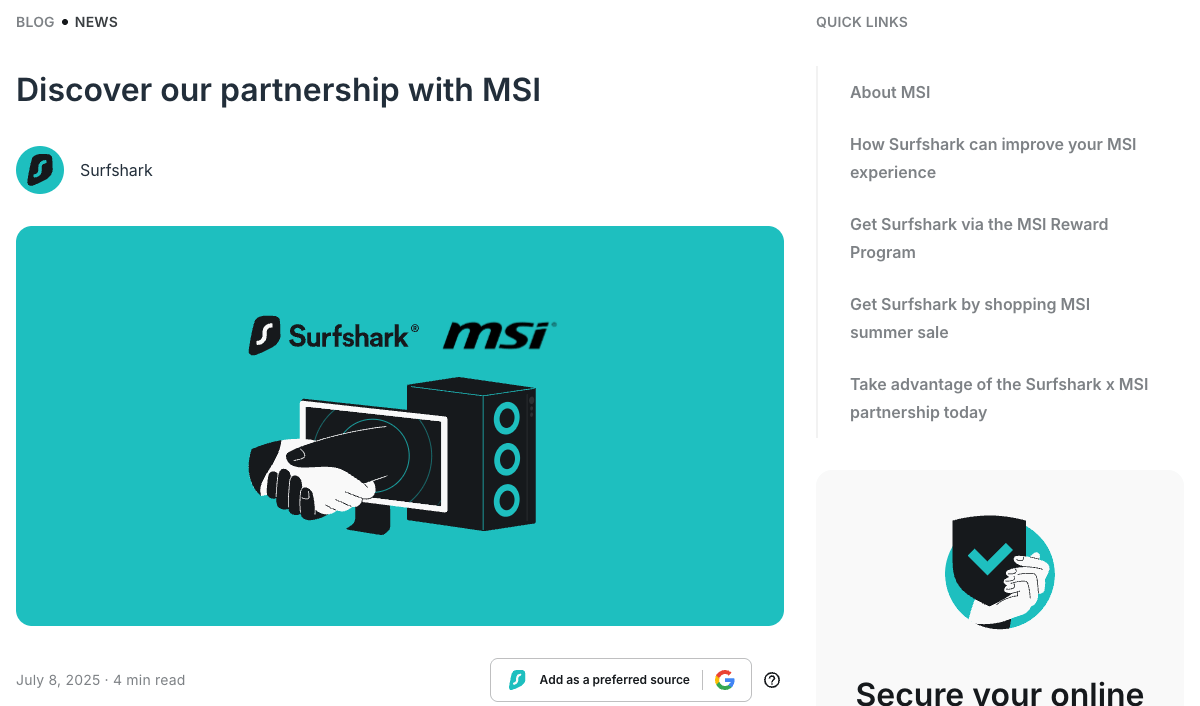 Surfshark’s blog post Discover our partnership with MSI, with the MSI Reward Program and summer sale sections