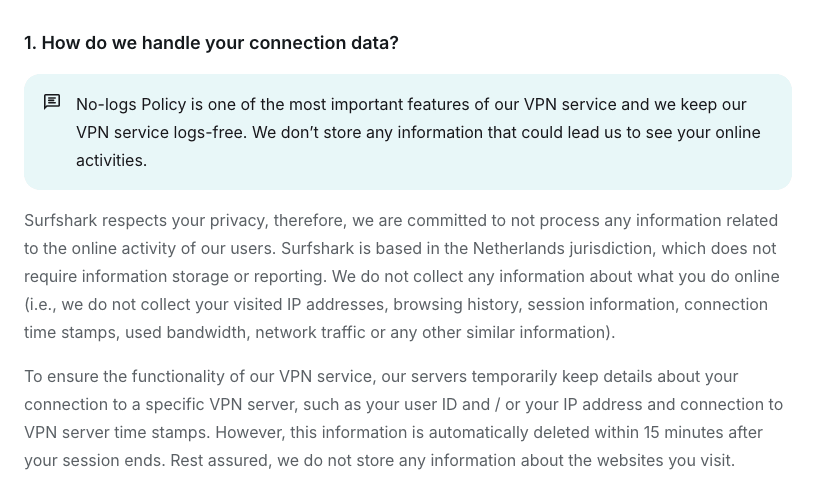 Surfshark privacy policy section 1: how Surfshark handles connection data