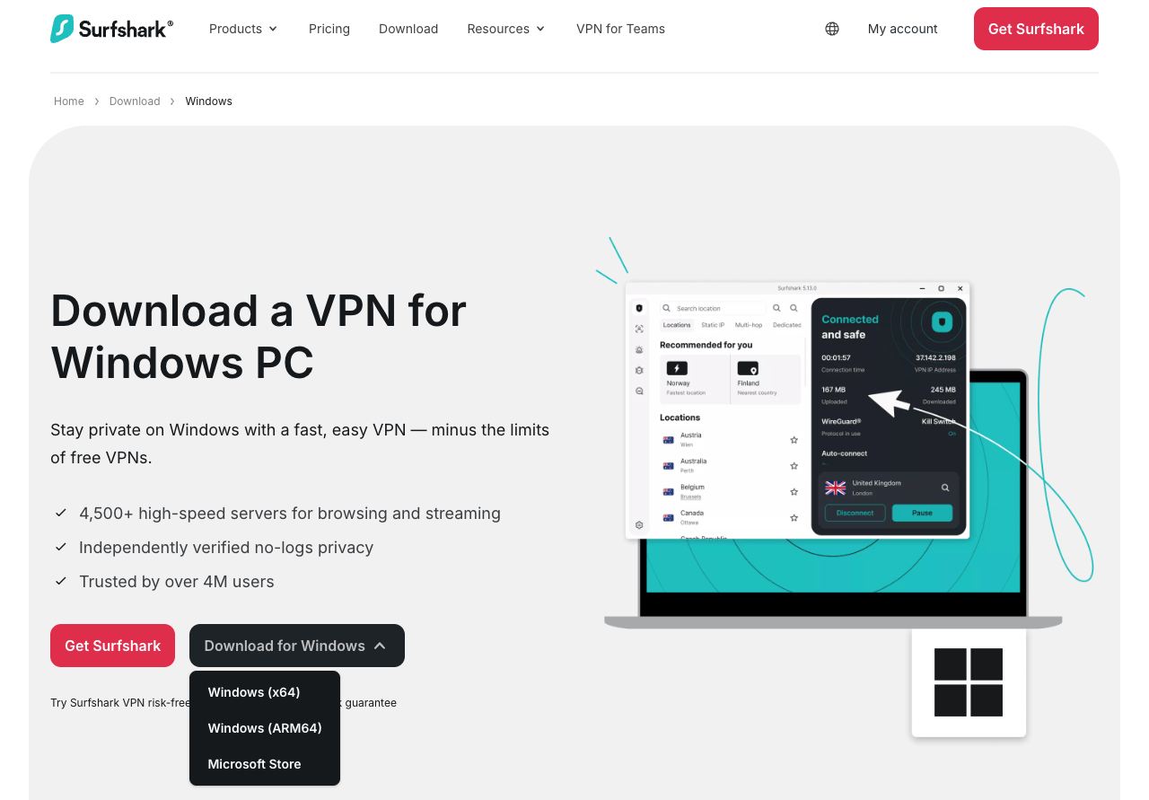 Surfshark’s Windows download page with the Windows x64, Windows ARM64 and Microsoft Store options